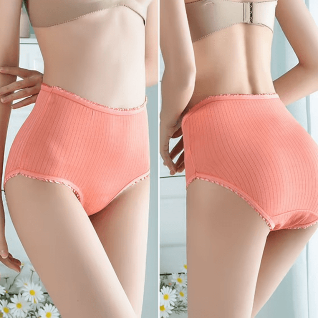 Mutande a vita alta in cotone rosa, design a coste, comfort quotidiano, intimo femminile traspirante, elasticizzato, moda donna.