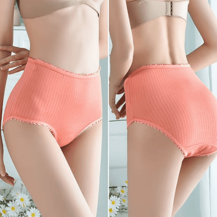 Mutande a vita alta in cotone rosa, design a coste, comfort quotidiano, intimo femminile traspirante, elasticizzato, moda donna.