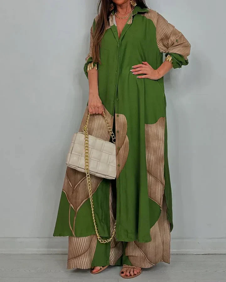 Completo Donna Camicia Colletto Bottoni Pantaloni Vita Alta Gamba