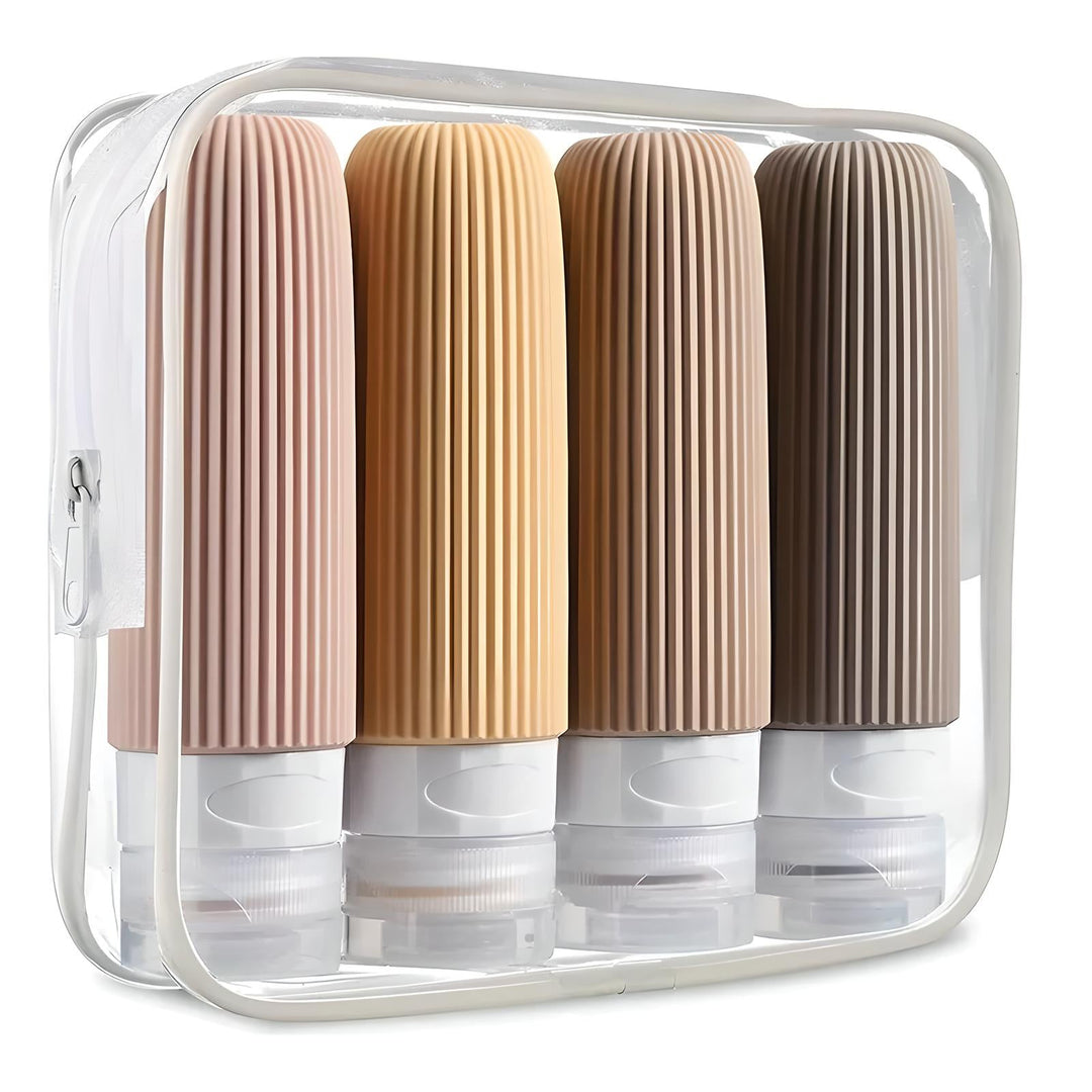 Set di flaconi da viaggio in silicone colorati, riutilizzabili, con custodia trasparente. Ideali per shampoo, lozioni, conformi alle norme di sicurezza aerea.