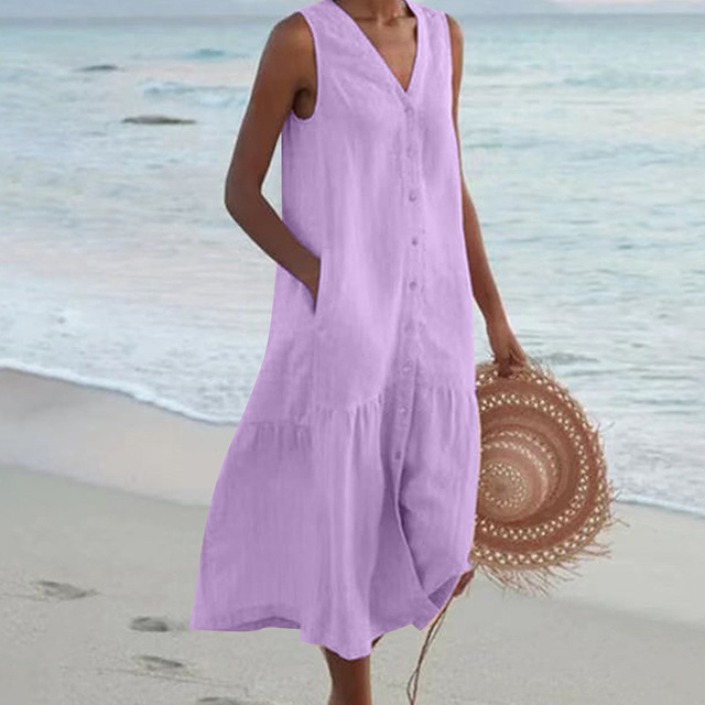 Abito Midi Donna Senza Maniche con Bottoni e Tasche