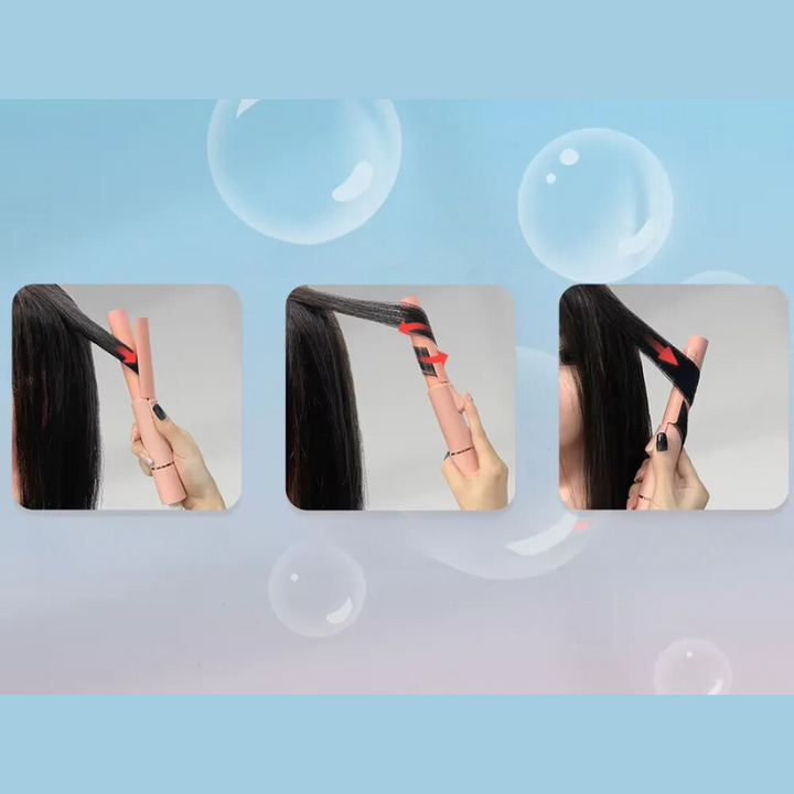 Piastra per capelli rosa, multifunzione, arricciacapelli e lisciacapelli, utilizzo su capelli neri, design compatto, ideale per styling professionale.