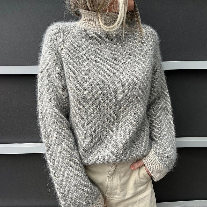 Maglione Donna Lavorato a Maglia Motivo Zigzag Collo Alto Ampio - Vesarelli
