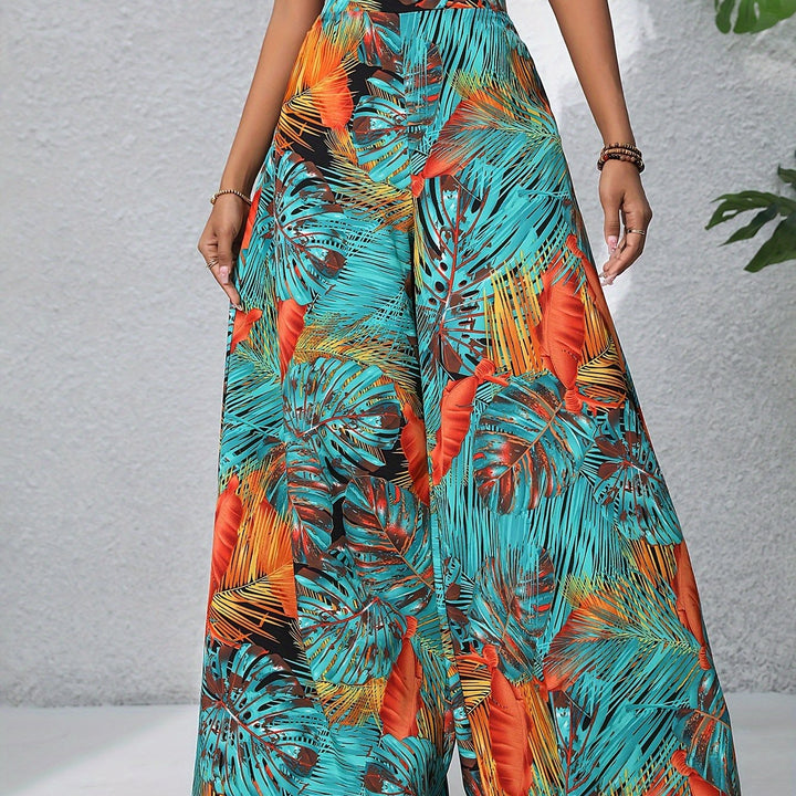 Pantaloni Donna Larga Stampa Tropicale Stile Boho Estivo