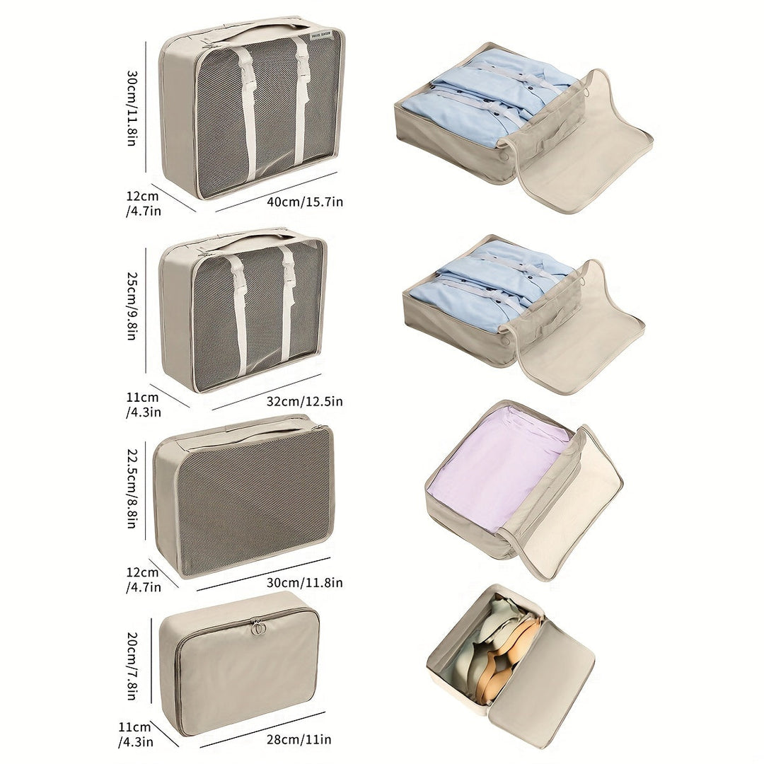 Set di organizer da viaggio beige con misure, ideale per valigie. Include borse per vestiti e scarpe, perfetto per organizzare e ottimizzare lo spazio.