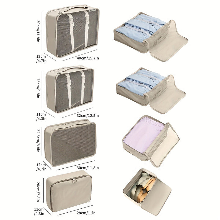 Set di organizer da viaggio beige con misure, ideale per valigie. Include borse per vestiti e scarpe, perfetto per organizzare e ottimizzare lo spazio.