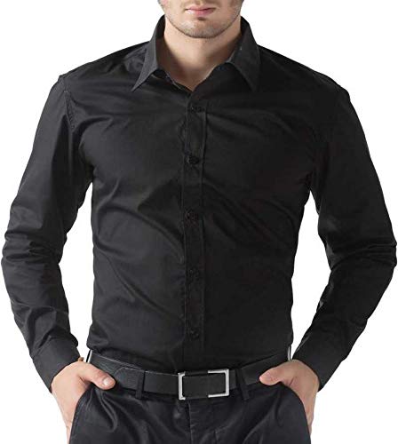 Camicia uomo nera elegante, maniche lunghe, colletto classico, abbottonatura frontale, ideale per abbigliamento formale e casual.