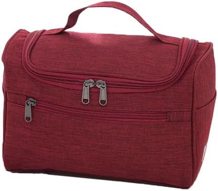 Borsa da viaggio rossa con manico, doppia cerniera e tasca frontale. Ideale per organizzare accessori e cosmetici. Design compatto e resistente.