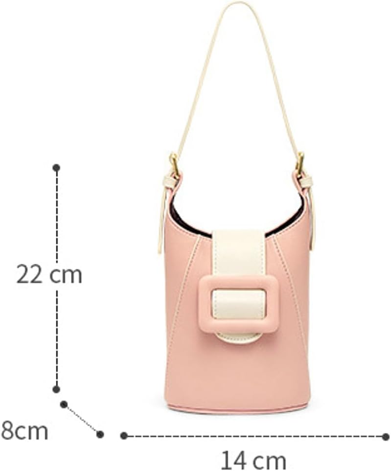 Borsa a secchiello rosa con fibbia decorativa, tracolla regolabile, dimensioni 22x14x8 cm. Accessorio moda elegante e versatile per donna.