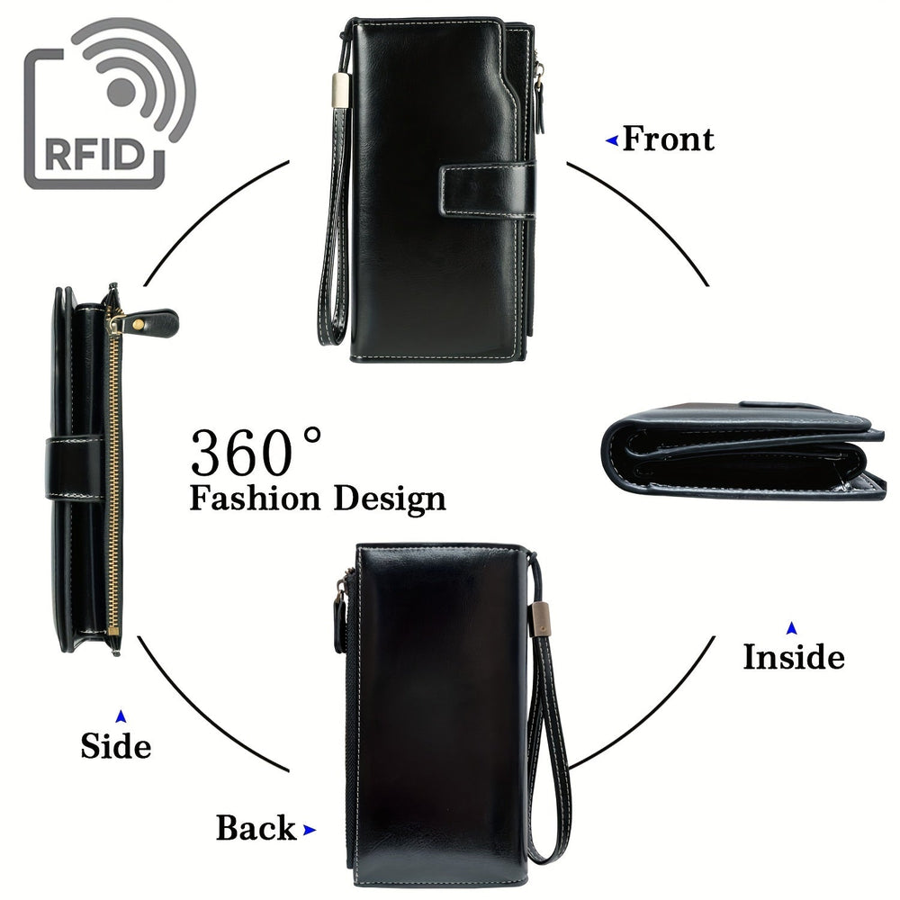 Portafoglio in pelle nero con protezione RFID, design a 360 gradi, chiusura a zip, cinturino da polso, tasche multiple, elegante e funzionale.