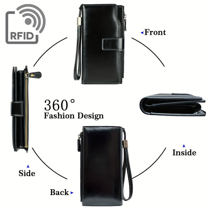 Portafoglio in pelle nero con protezione RFID, design a 360 gradi, chiusura a zip, cinturino da polso, tasche multiple, elegante e funzionale.