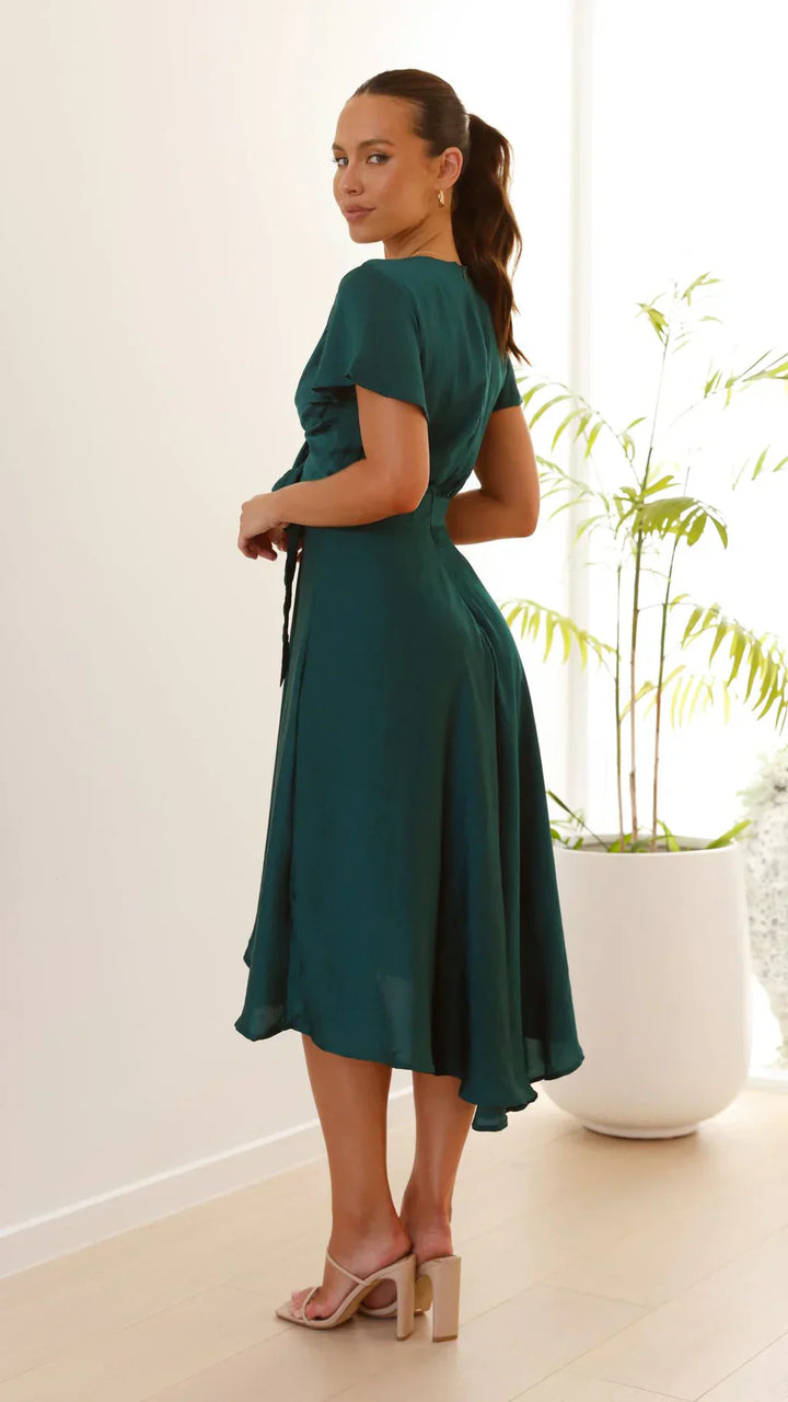 Abito Midi Donna in Raso Scollo a V Maniche Farfalla Gonna Asimmetrica