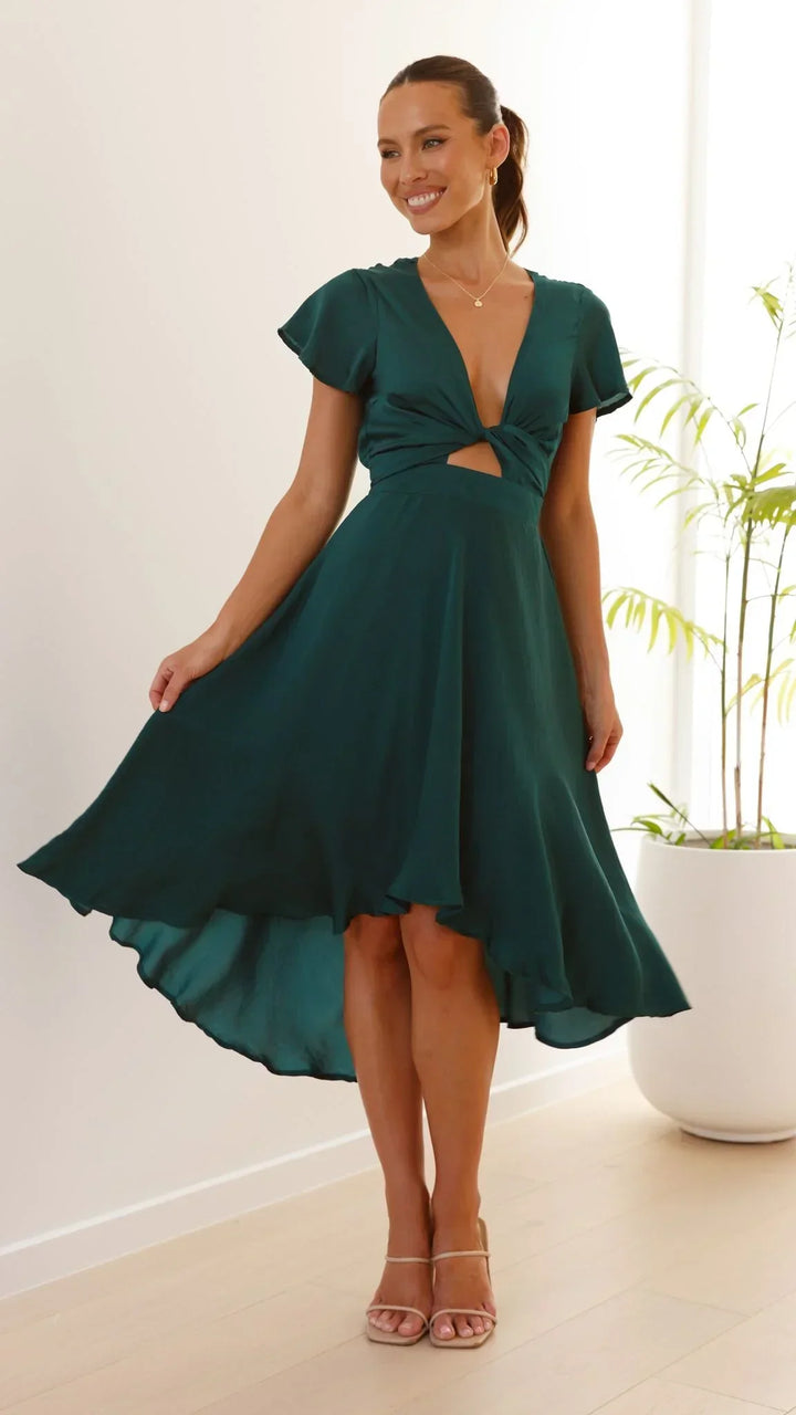 Abito Midi Donna in Raso Scollo a V Maniche Farfalla Gonna Asimmetrica