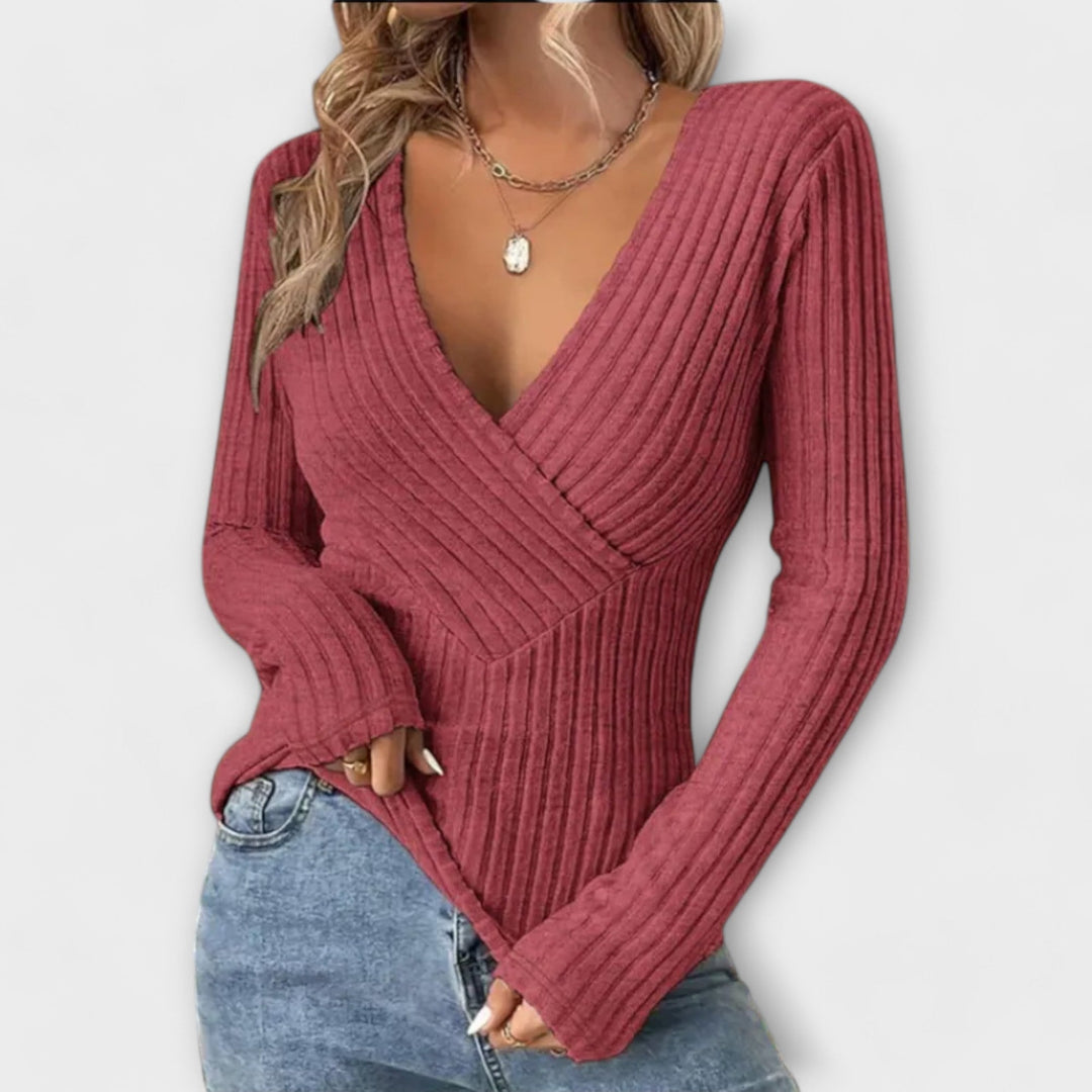 Maglione Donna Maglia a Coste in Lana Scollo a V Manica Lunga