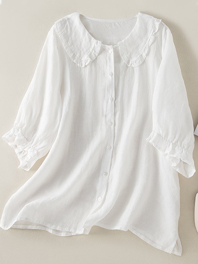 Blusa Donna Lino Cotone Ampia Colletto Arricciato