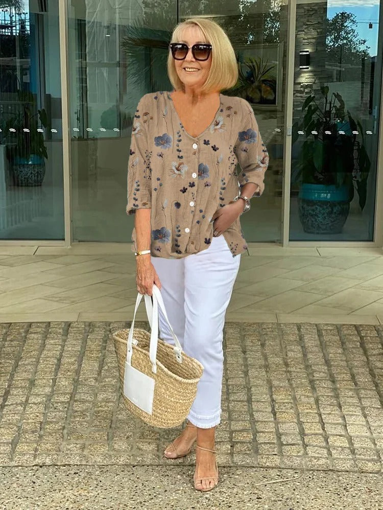 Blusa Donna in Lino Floreale Scollo a V Leggera Comoda