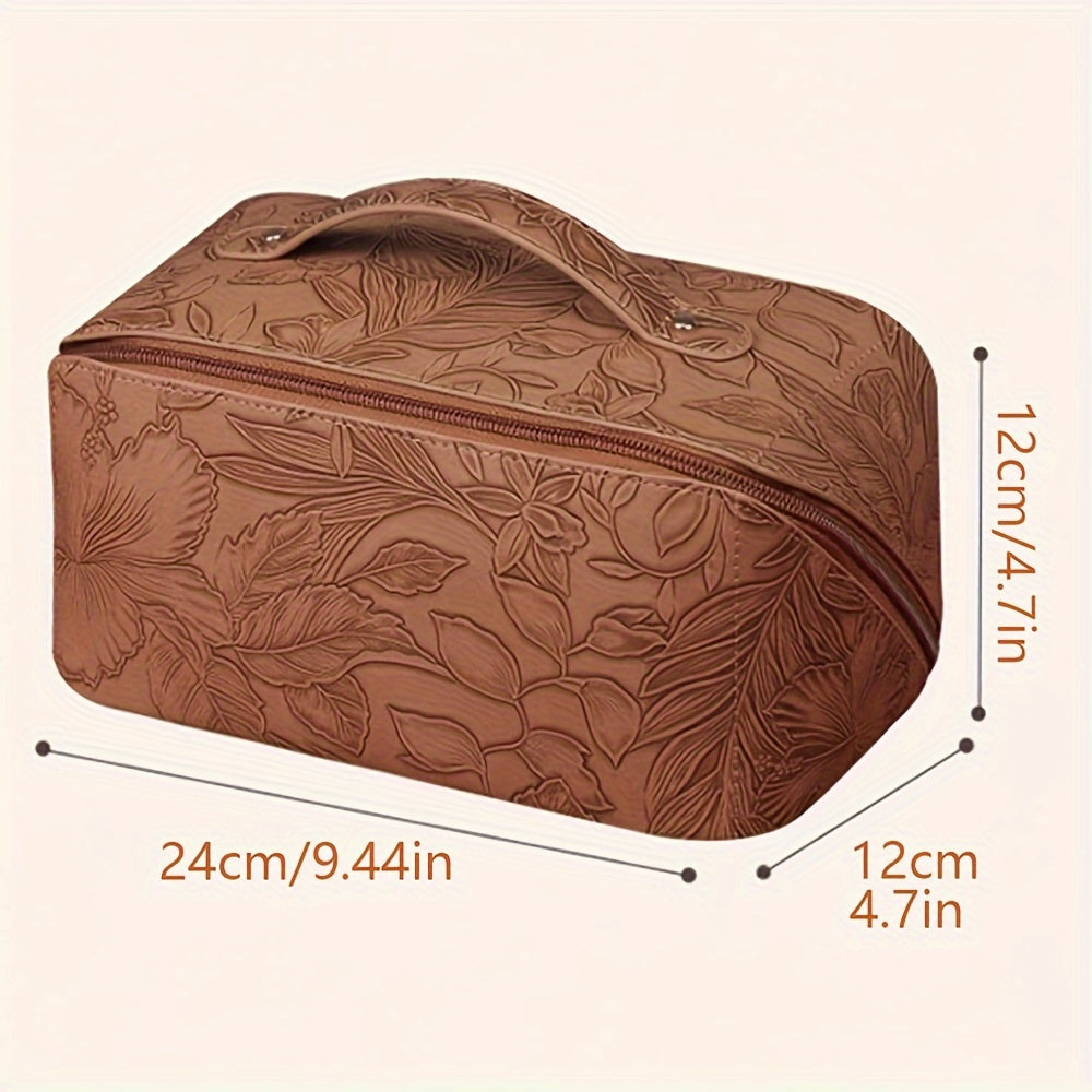 Borsa cosmetica in pelle marrone con motivo floreale, dimensioni 24x12x12 cm, ideale per viaggio, organizer trucco elegante e pratico.