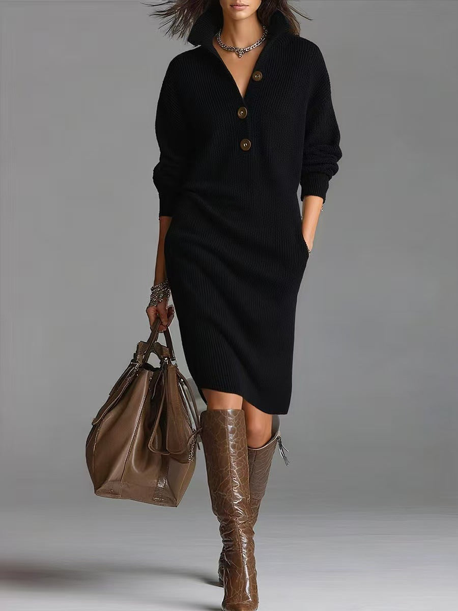 Abito Donna in Maglia Manica Lunga Scollo a V con Bottoni