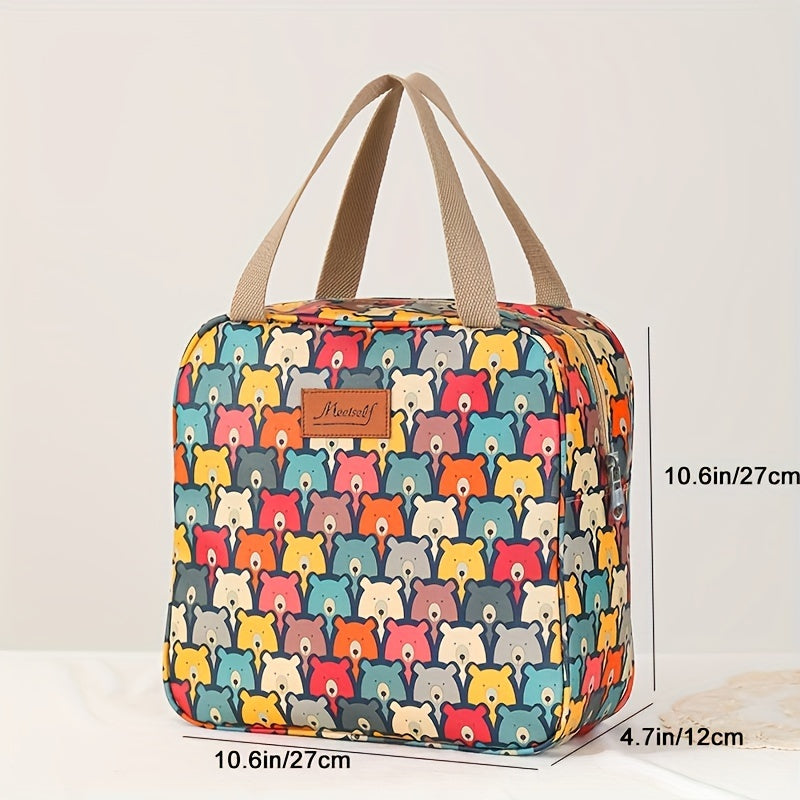 Borsa termica colorata con stampa orsetti, dimensioni 27x27x12 cm, manici beige, ideale per picnic e pranzo al sacco.