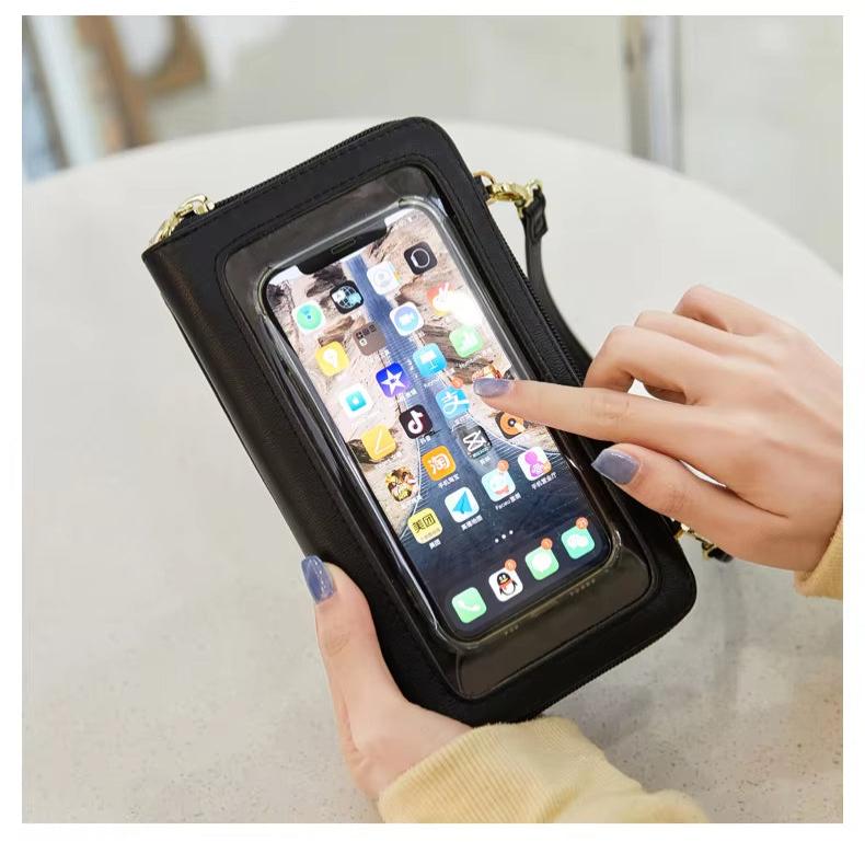 Custodia nera per smartphone con finestra trasparente, touch screen attivo, design compatto, ideale per accesso rapido alle app.