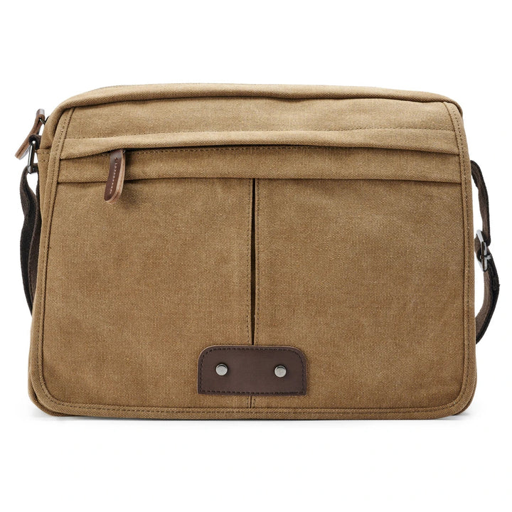 Borsa a tracolla in tela marrone, design vintage, tasche frontali, chiusura con cerniera, ideale per lavoro e viaggio. Accessorio moda unisex.