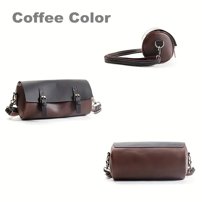 Borsa a tracolla cilindrica in pelle color caffè, design elegante con chiusura a fibbia, ideale per moda uomo e donna. Accessorio versatile e trendy.