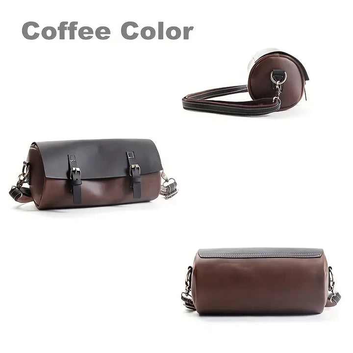 Borsa a tracolla cilindrica in pelle color caffè, design elegante con chiusura a fibbia, ideale per moda uomo e donna. Accessorio versatile e trendy.