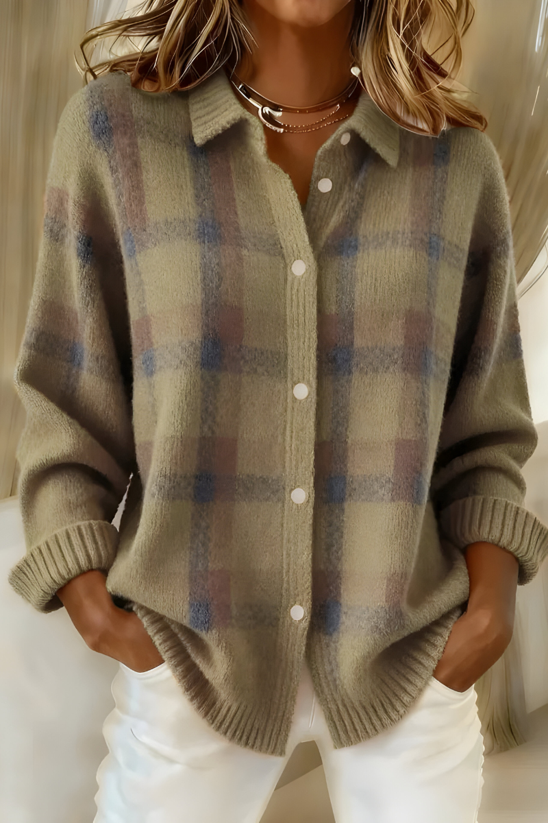 Cardigan Donna Maglia Morbida Quadri Vestibilità Comoda