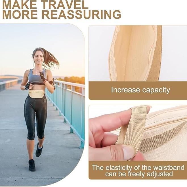 Donna che corre con marsupio beige regolabile, ideale per viaggi e sport. Aumenta la capacità di trasporto. Cintura elastica e comoda.