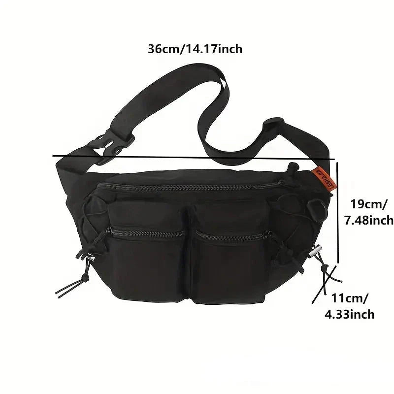 Marsupio nero con doppie tasche frontali, cerniere e cinturino regolabile. Dimensioni: 36x19x11 cm. Accessorio moda unisex, pratico e versatile.