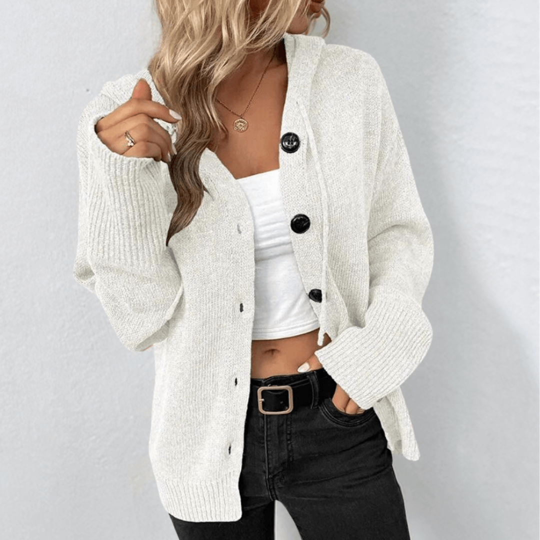 Cardigan Gilet Donna in Maglia con Cappuccio Scollo a V Abbottonato