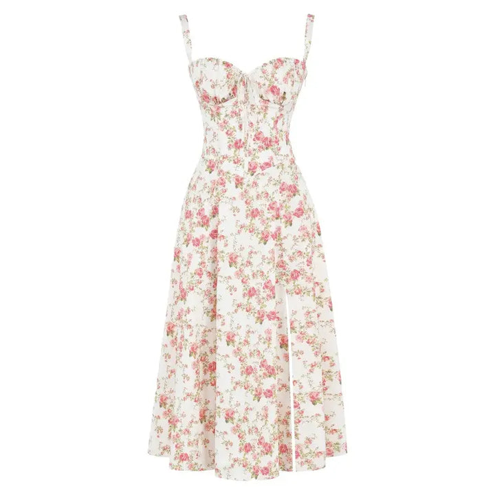 Abito estivo donna floreale bianco e rosa, senza maniche, scollo a cuore, lunghezza midi, perfetto per occasioni casual e eleganti.