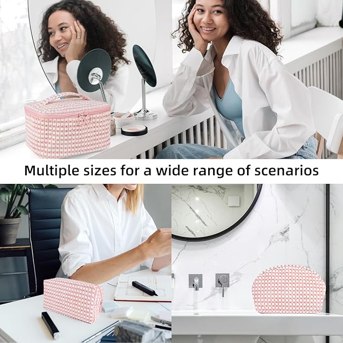 Astuccio da trucco rosa con motivo geometrico, ideale per organizzare cosmetici. Perfetto per viaggi, bagno e ufficio. Disponibile in varie dimensioni.