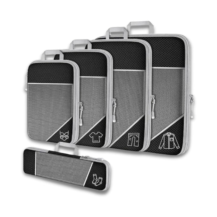 Set di organizer da viaggio in rete nera e grigia, 5 pezzi, con cerniere e icone per abbigliamento. Ideale per valigie, accessori viaggio.