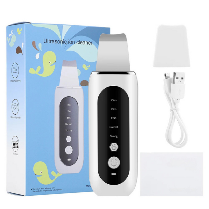 Dispositivo pulizia viso ultrasuoni con confezione, cavo USB e copertura. Strumento bellezza ionico per esfoliazione e cura della pelle.