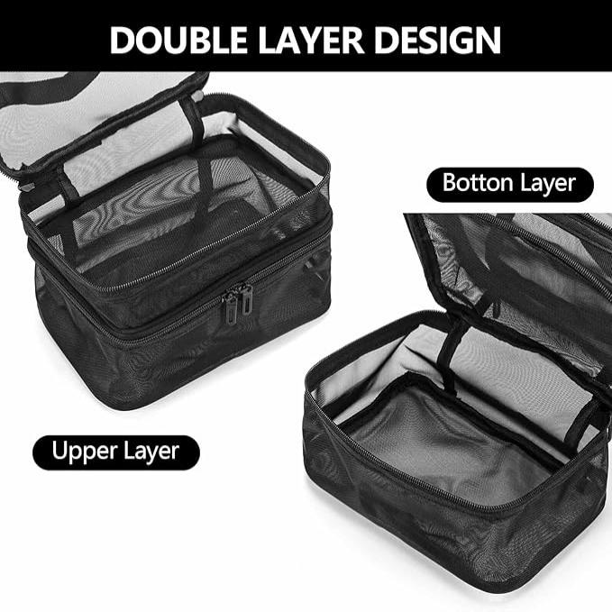 Borsa organizer da viaggio a doppio strato, nero, con cerniera, scomparti superiori e inferiori, ideale per cosmetici e accessori.
