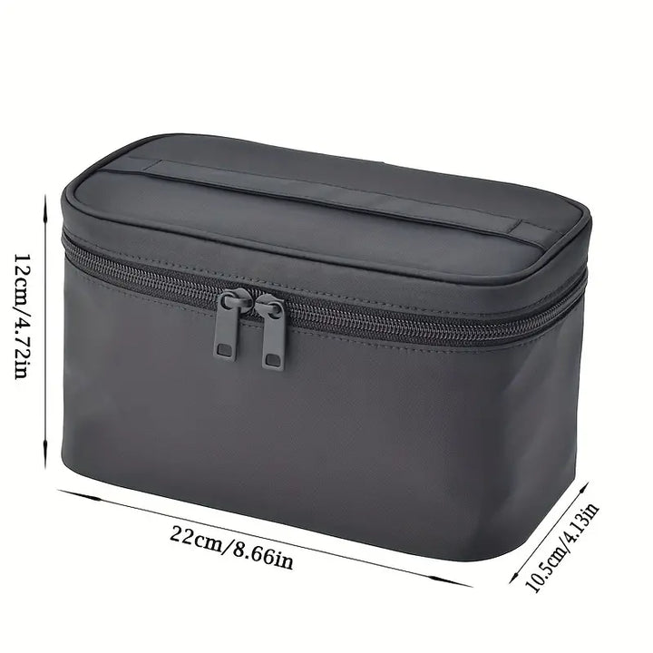 Borsa organizer da viaggio nera, dimensioni 22x12x10,3 cm, con doppia cerniera. Ideale per cosmetici e accessori, compatta e resistente all'acqua.