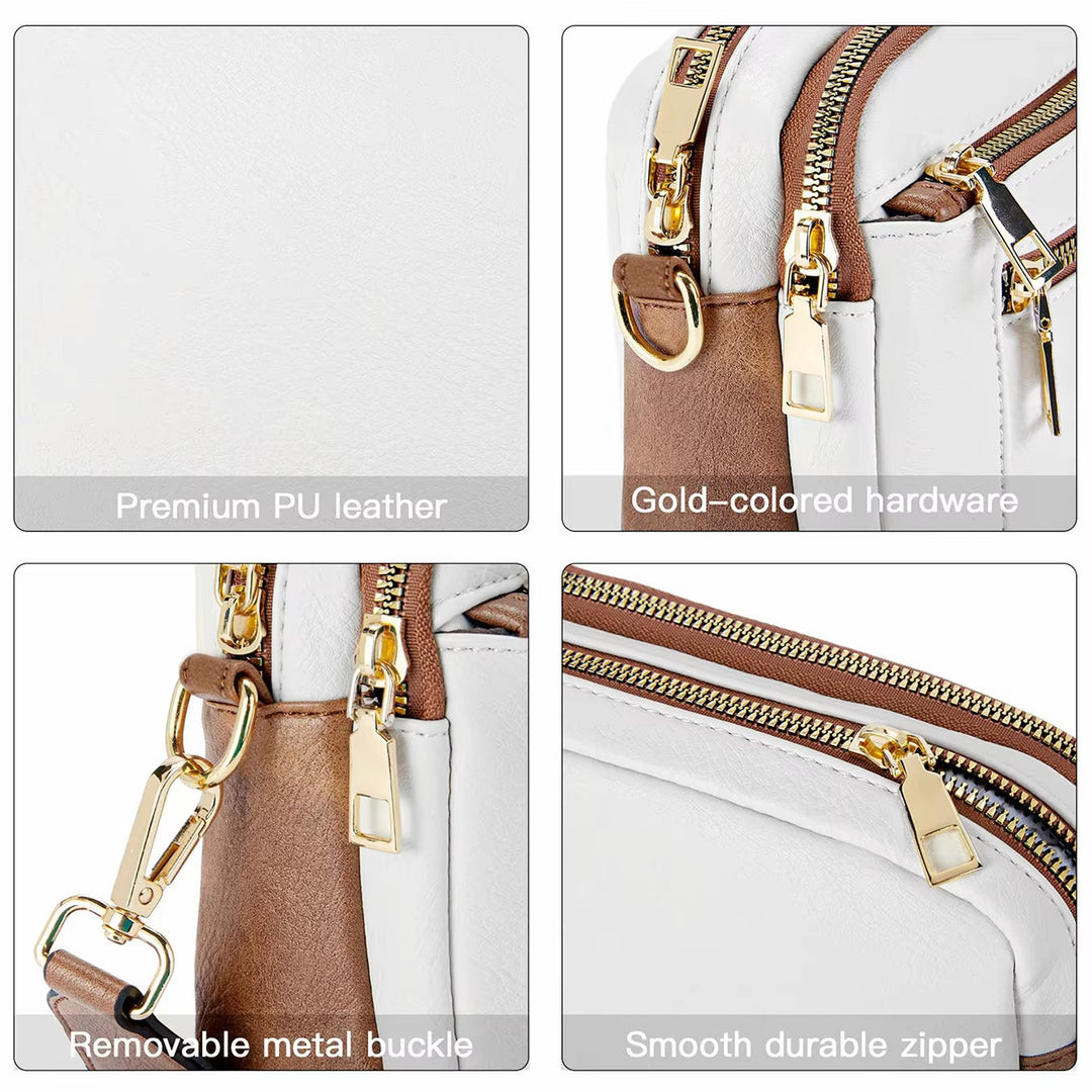 Borsa in pelle PU premium bianca e marrone con hardware dorato, fibbia metallica rimovibile e cerniera resistente. Accessorio moda elegante.