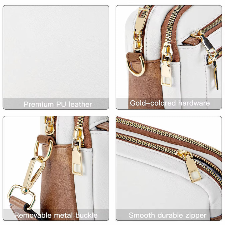 Borsa in pelle PU premium bianca e marrone con hardware dorato, fibbia metallica rimovibile e cerniera resistente. Accessorio moda elegante.