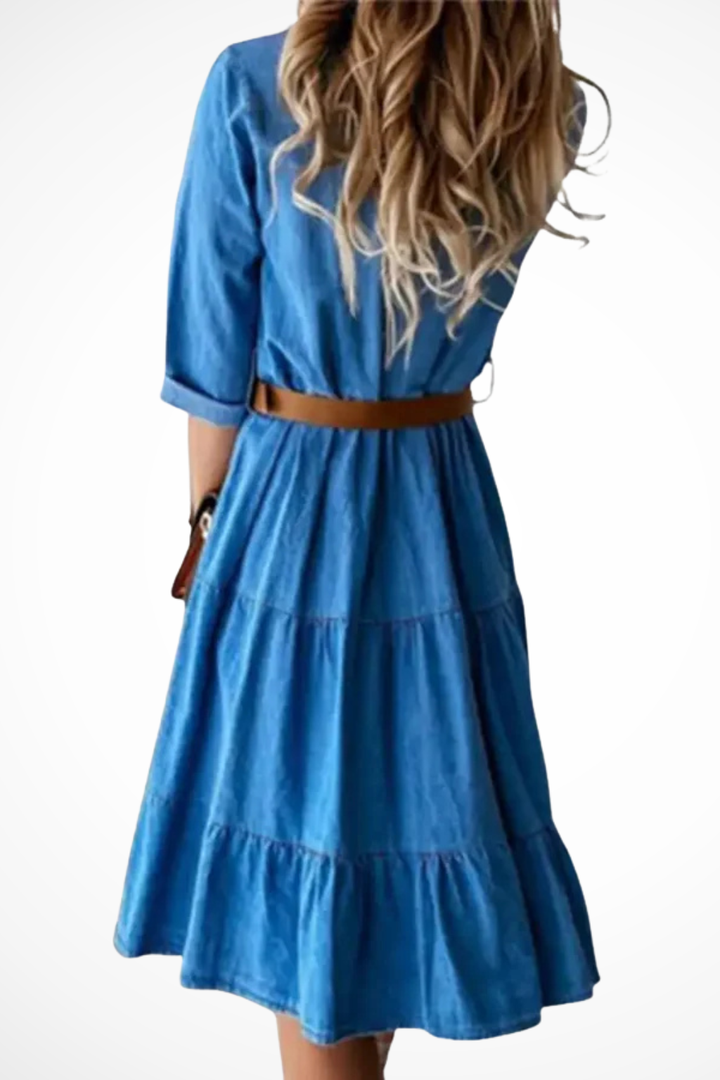 Abito Chemisier Donna in Denim Midi a Balze con Cintura Casual