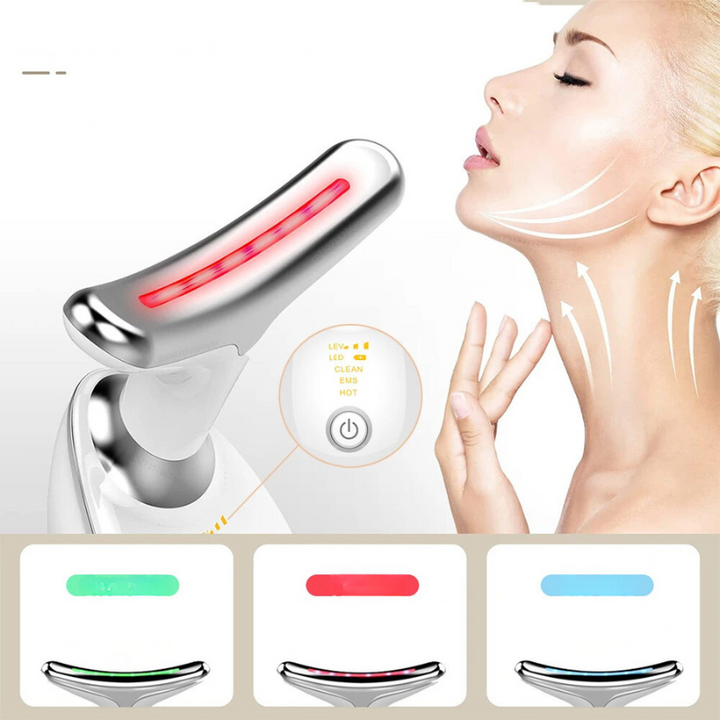 Dispositivo massaggio viso e collo LED, terapia luce rossa, rassodante pelle, anti-invecchiamento, cura bellezza, tecnologia avanzata, uso domestico.