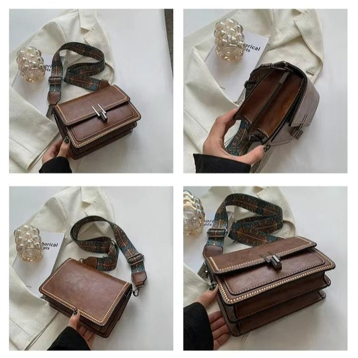 Borsa a tracolla in pelle marrone con fibbia metallica, tracolla regolabile decorata, design elegante e spazioso, ideale per moda donna.