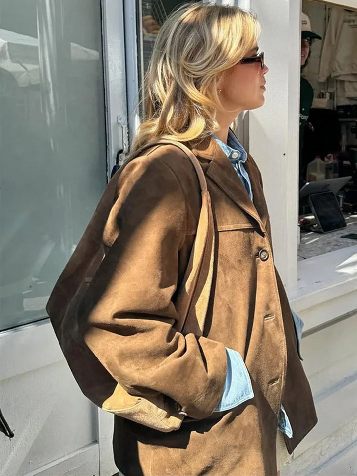 Giacca Blazer Donna in Pelle Scamosciata Oversize Comfort