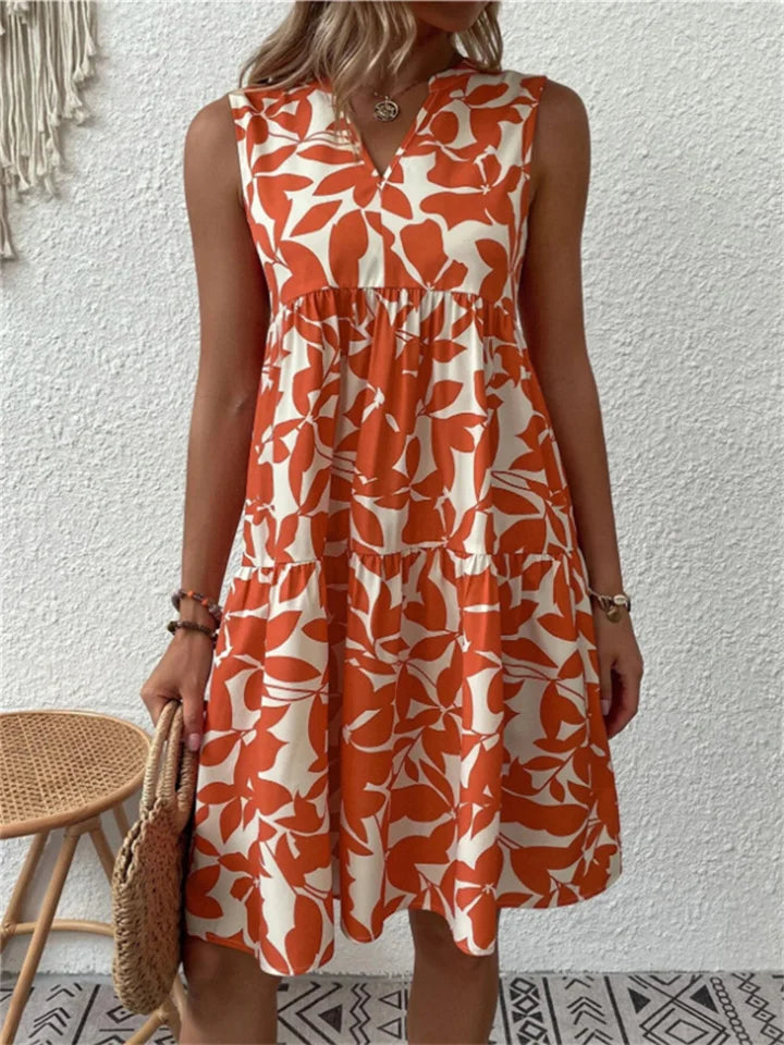 Abito Midi Donna Floreale Smanicato Volant Scollo a V