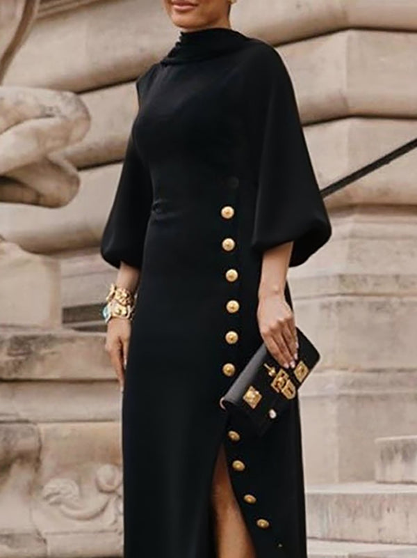 Abito Maxi Donna Maniche a Sbuffo Collo Alto Bottoni