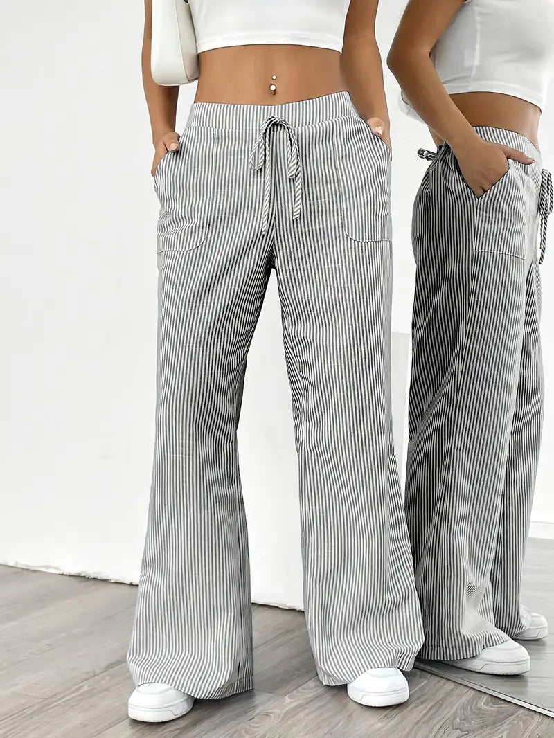 Pantaloni Donna Lino Leggeri Traspiranti Gamba Larga Tasche