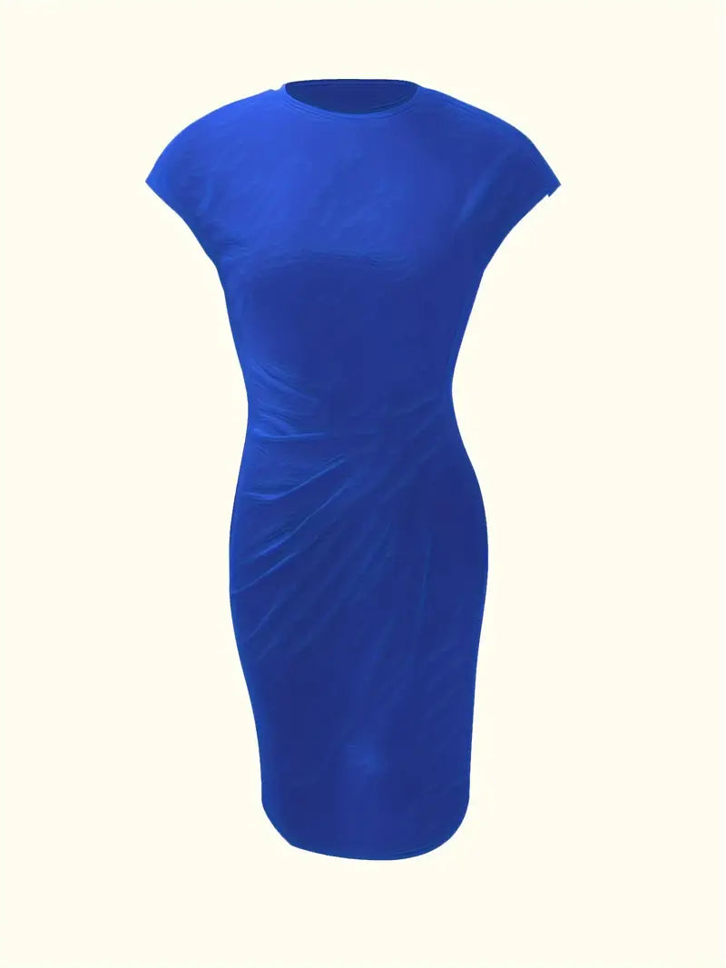 Vestito aderente blu elettrico da donna, maniche corte, design elegante, ideale per eventi serali e occasioni speciali. Moda femminile chic.