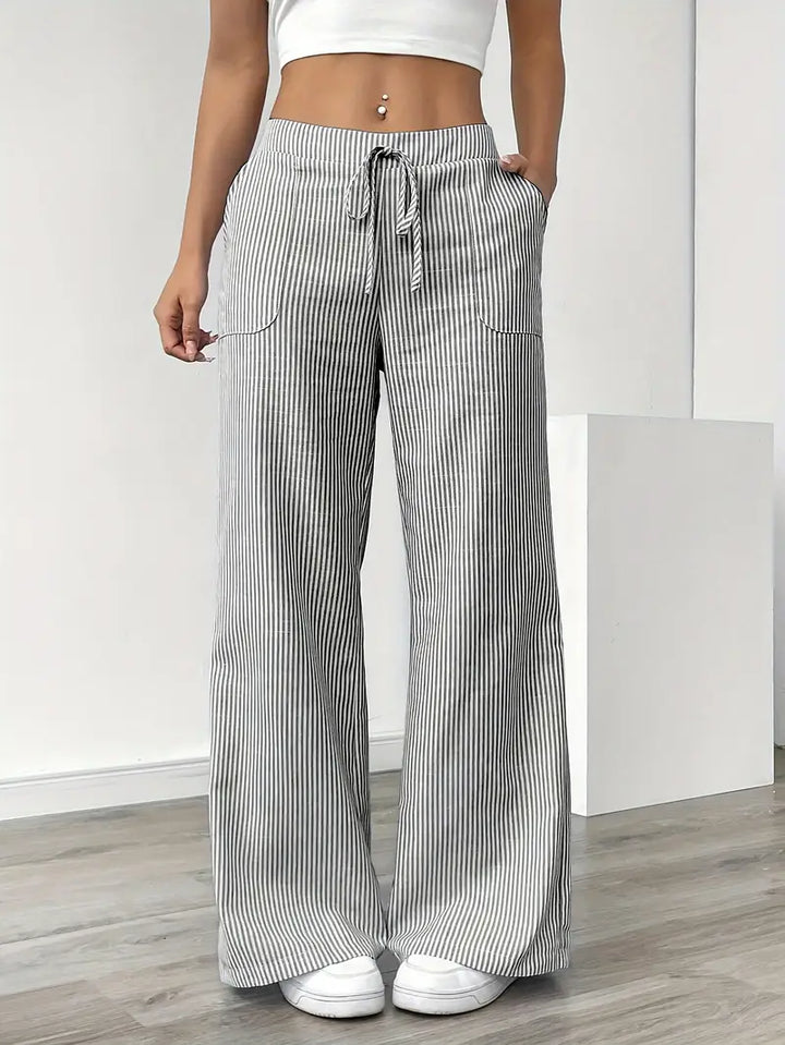 Pantaloni Donna Lino Leggeri Traspiranti Gamba Larga Tasche