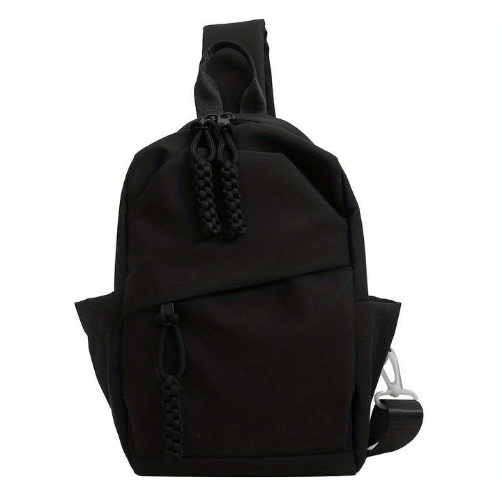 Zaino monospalla nero elegante, design moderno, con tasche multiple e cerniere robuste. Ideale per viaggi, scuola e uso quotidiano.