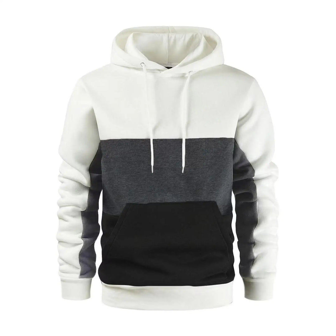 Felpa con cappuccio uomo, design a blocchi di colore bianco, grigio e nero, tasca frontale, cotone, moda casual, abbigliamento autunnale.